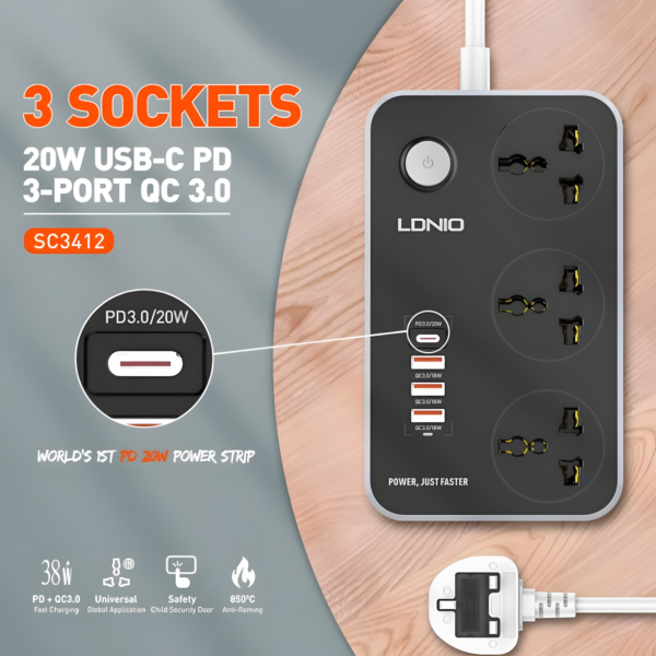 LDNIO Power Strip with 3 Sockets and 3 18W USB Ports with 1 PD 20W Port Features