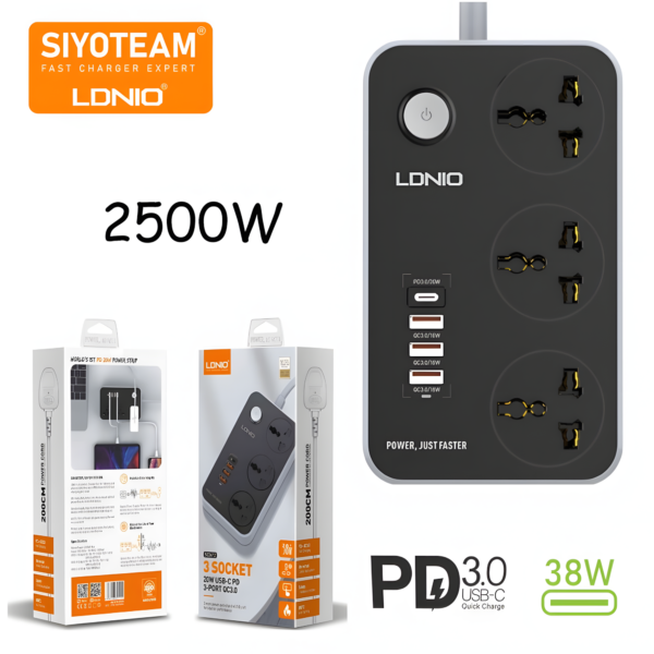 LDNIO Power Strip with 3 Sockets and 3 18W USB Ports with 1 PD 20W Port Packaging