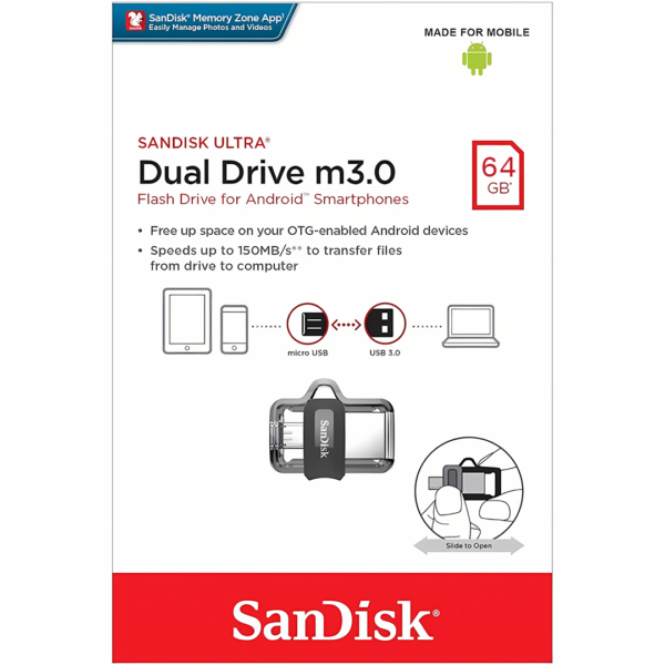 فلاش درايف SanDisk بمنفذين Micro USB و USB بسعة 64 جيجابايت