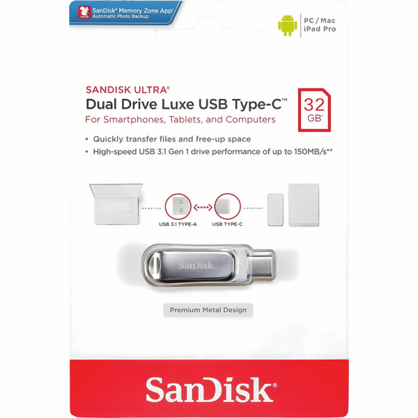 Sandisk USB-C Metal Flash Drive 32GB Packaging فلاش درايف حديد SanDisk بمنفذين USB-C و USB بسعة 32 جيجابايت