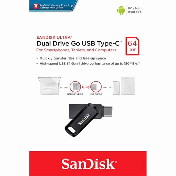 Sandisk USB-C Plastic Flash Drive 64GB Packaging فلاش درايف بلاستيك SanDisk بمنفذين USB-C و USB بسعة 64 جيجابايت